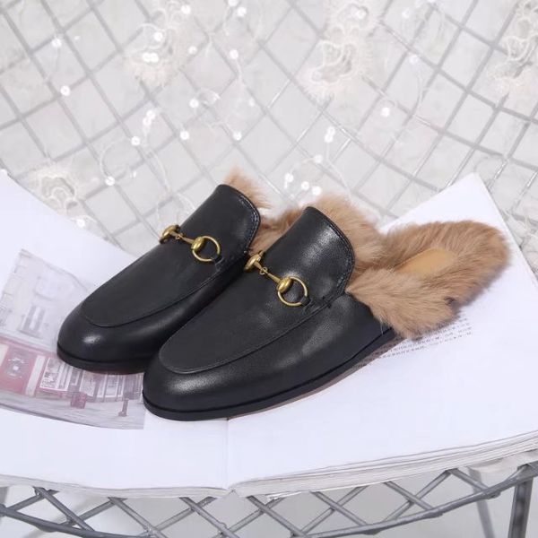 

princetown slippers woman genuine leather flat base slipper lady rabbit hair mules shoes warm slippers at home lazy fur slippers man unisex, Black