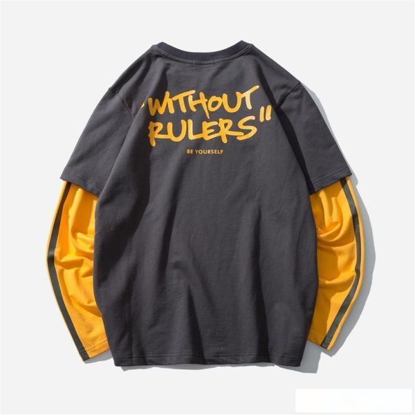 

fake two piece yellow hoodie men back letter printed off shoulder, Black