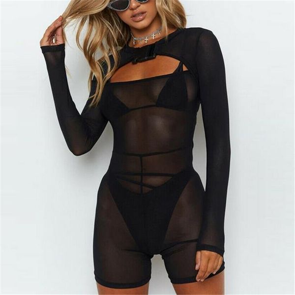 

women playsuit fashion short jumpsuit mesh long sleeve stretch leotard women bodysuit black playsuit streetwear clubwear, Black;white