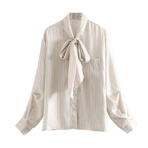 

fashion women bow tie collar striped blouse pockets pleated chic shirt female long sleeve plus size office lady blusa mujer, White