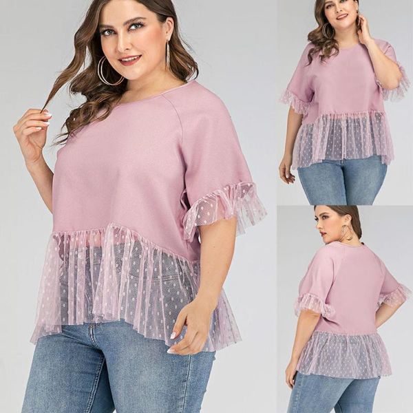 

women for summer short sleeve plus size pink lace patchwork loose shirt blouse blusas mujer de moda 2020, White