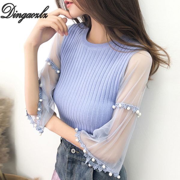 

dingaozlz pullover beading women sweater elegant female lace stitching casual shirt sweater korean 2018 new, White;black