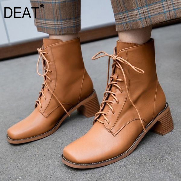 

deat] 2019 new autumn winter square toe bandage pu leather personality shoes women high heels short boots fashion tide 10d306, Black