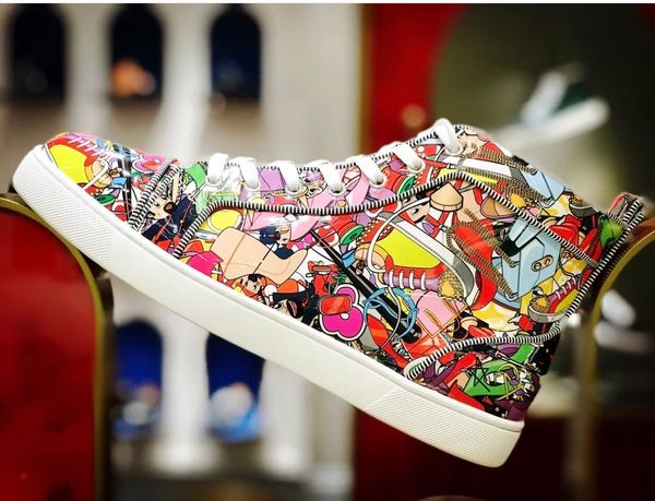 

fw20 collection orlato flat super loubi print red bottom sneaker graffiti patent leather plaform casual walking luxurious party weddin, Black