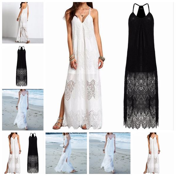 

dress 2021 european american fashion solid color lace v-neck stitching sleeveless beach skirt, Black;gray