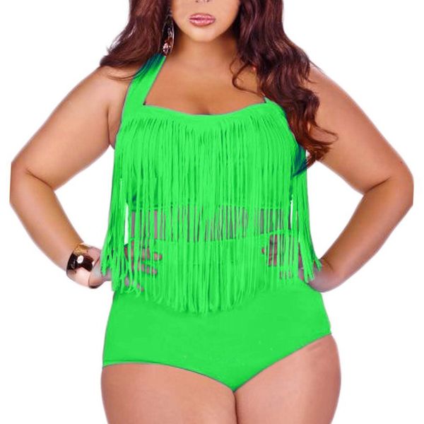 

2019 plus size neon bikini set women ladies retro padded push up tassel high waist swimsuit swimwear bathing suit