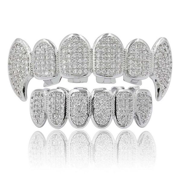 

18k gold plated teeth brace luxury glaring zircon micro pave dental grills 2019 fashion men women 2-piece set hip hop grillz, Black