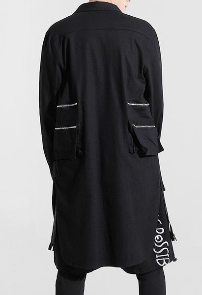 

original men's dark black multi pocket stitching slim windbreaker oxford jacket / long shirt / oversized longline / rear front z, White;black