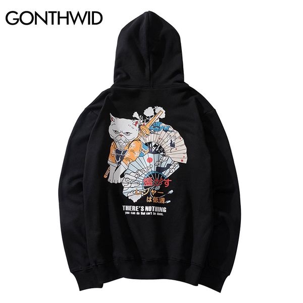 

gonthwid japanese style samurai cat hand fan print hooded sweatshirts harajuku pullover hoodies streetwear hip hop casual fashion, Black