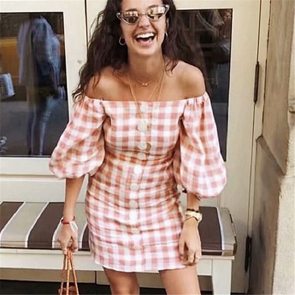 

summer casual dresses 2020 checked single-breasted off shoulder dress women printed dress mini vestidos short dresses womens, Black;gray