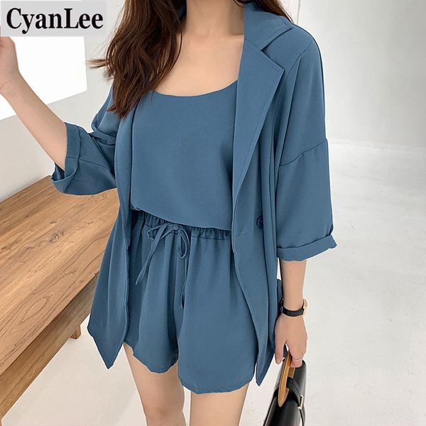 

cyanlee 2020 women set summer 3 pieces suits blazers+camisole+shorts casual solid jackets+shorts women suits elastic wasit, White