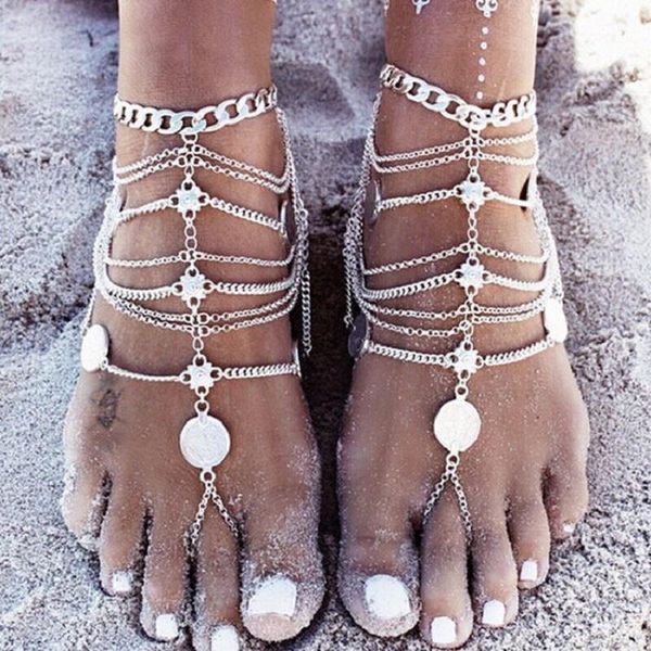 Moda estate bohemien sexy nappa braccialetto cavigliera per le donne ciondolo moneta catena braccialetti alla caviglia spiaggia gioielli da sposa piedi sandali a piedi nudi