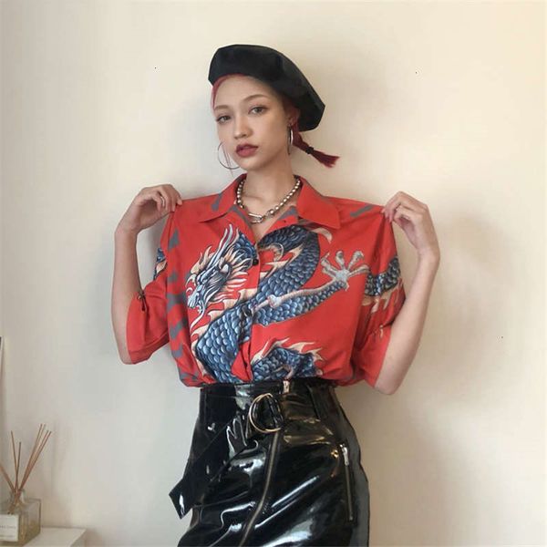 

блуза женщина блуза harajuku нового лето блуза 3d дракон печать рубашка с коротким рукавом 2019 turn down воротника топы женщина каузальных, White