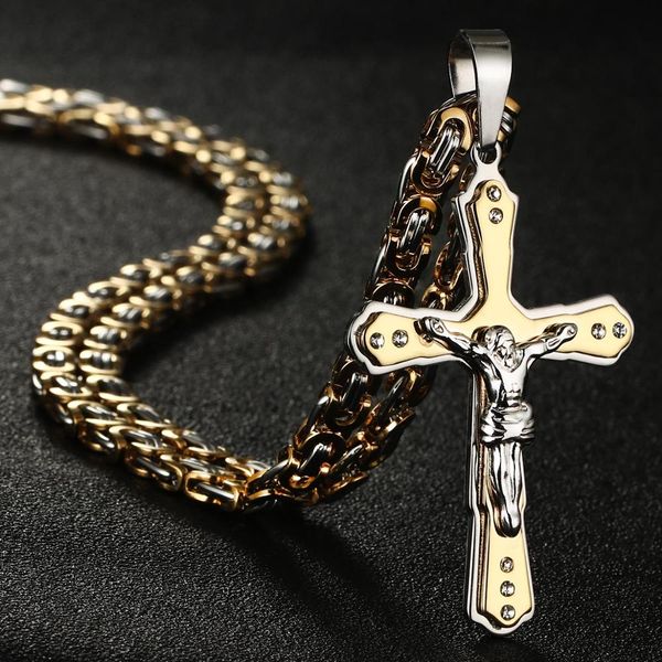 

jesus cross crystal pendant link chain necklace byzantine metal stainless steel necklaces & pendants for men jewelry collares, Silver