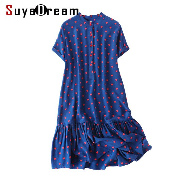 

women mini dress 100%silk crepe a-line hearts printed dresses short sleeved ruffles bottom hems dresses for women 2019 summer, Black;gray