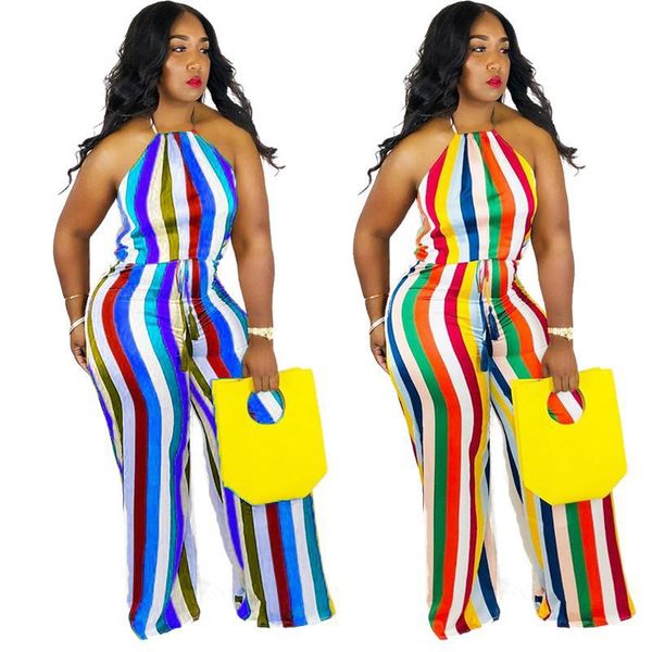 

Women Rainbow Jumpsuits Rompers Plus Size Colorfule Striped High Waist Female Designer Wide Leg Pants