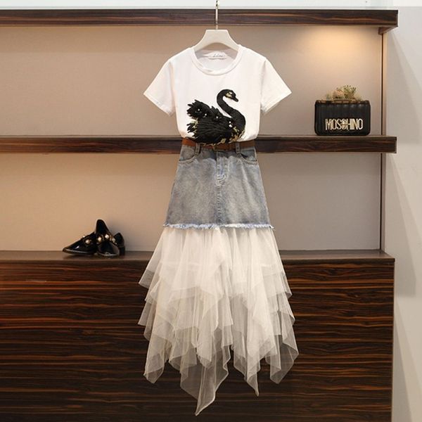 

2019 summer women set elegant swan embroidery short sleeve t shirt + ladies fashion denim patchwork mesh skirt 2 piece sets, White