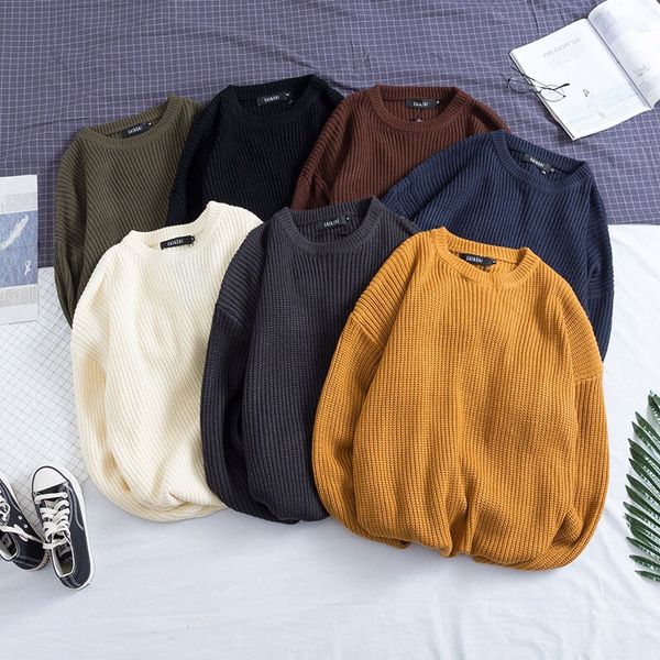 

solid color mens sweaters long sleeve crew neck mens pullover clothing lazy style males loose sweaters, White;black
