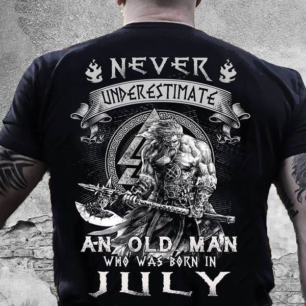 

never underestimate an old man who was born in july t-shirt, White;black