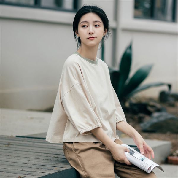 

student all-match half half middle sleeve short t-shirt seven-sleeve t-shirt women's loose bf duan xiu, White