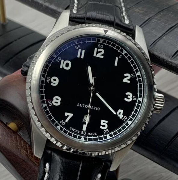 

aviator 8 curtis warhawk automatic mechanical 1884 mens watches military black dial watch wristwatches with a black calfskin leather strap, Slivery;brown