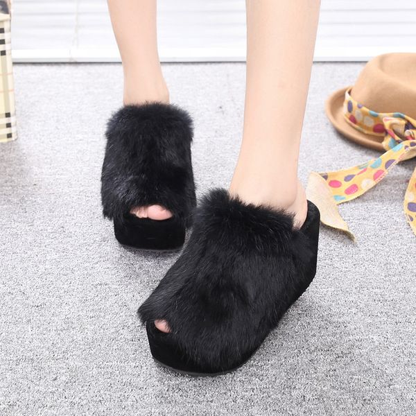 

2020 new slope with ladies plush slippers muffins with thick bottom hair female half slippers plush, Black