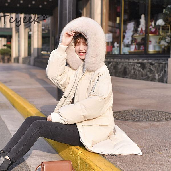 

tcyeek winter coat female thick warm women's down jacket 2019 korean casual long duck down jackets + fur hooded hiver 8016, Black