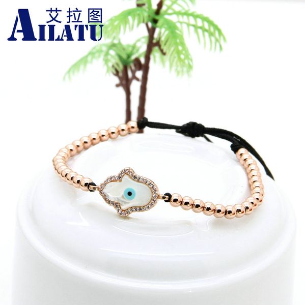 

ailatu new design 4mm copper beads with micro inlay zircon hamsa hand fatima shell eye cz charm mens macrame braided bracelet, Golden;silver