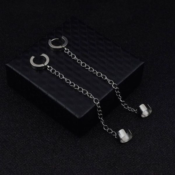 

1 pc fashion pretty titanium stainless steel jewelry korean hip hop titanium steel chain threader drop cuff earrings unisex, Silver