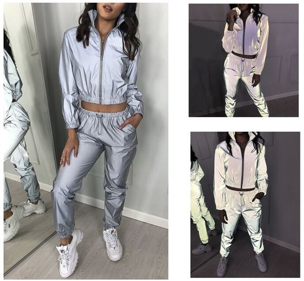 

reflective color women tracksuit sport wear zipper+ pants 2 pcs outfit woman jogging suits womens sweatsuits feem clothes, Gray