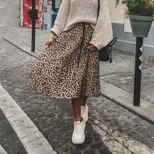 

februaryfrost women leopard print pleated skirts drawstring elastic waist ladies midi skirts punk rock skirt streetwear ing