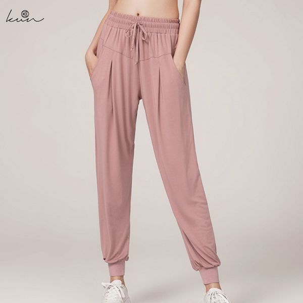 

sports pants fitness quick drying yoga pants women's loose foot binding running fitness solid color pocket high waist, Black;blue