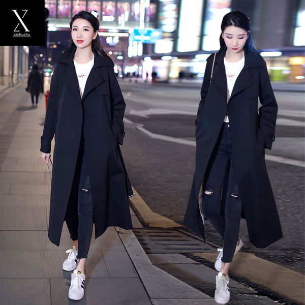 

2020 new spring autumn black long trench coat female drape loose korean chic casual windbreaker women belt black overcoats g262, Tan;black