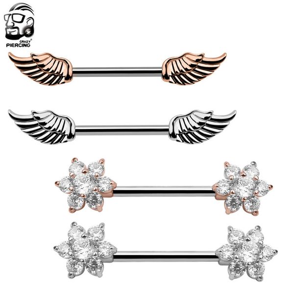 

1 pair fashion stainless steel charm personality alloy wing/ flower barbell nipple ring body piercing jewelry for women, Slivery;golden