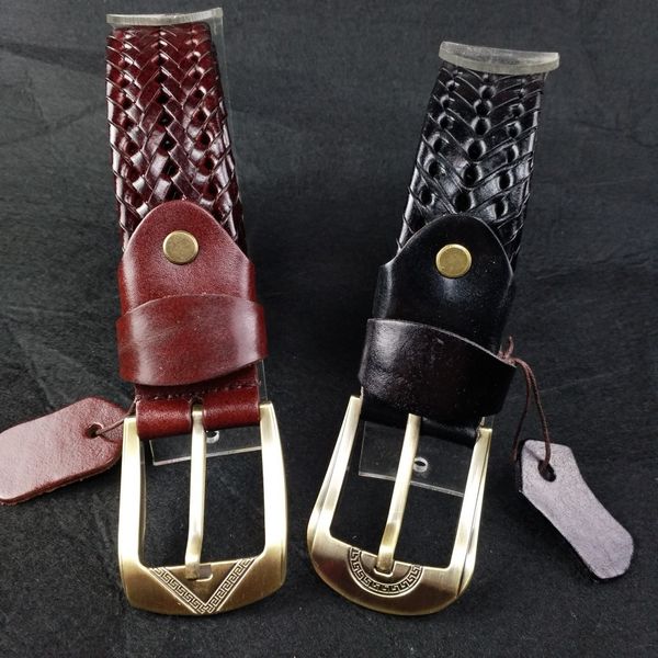 

men's woven cowhide belt casual versatile belt business sports buckle pin pin alloy, Black;brown