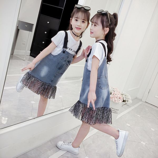 

summer girls clothes sets kids girl clothing suits fashion letter t-shirt + cowboy strap dress 2pcs child short sleeve outfits, White