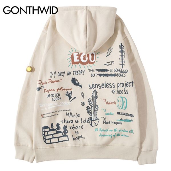

hip hop ego cactus граффити печати флис с капюшоном толстовки пуловер толстовка streetwear мужчины моды harajuku повседневный tops, Black