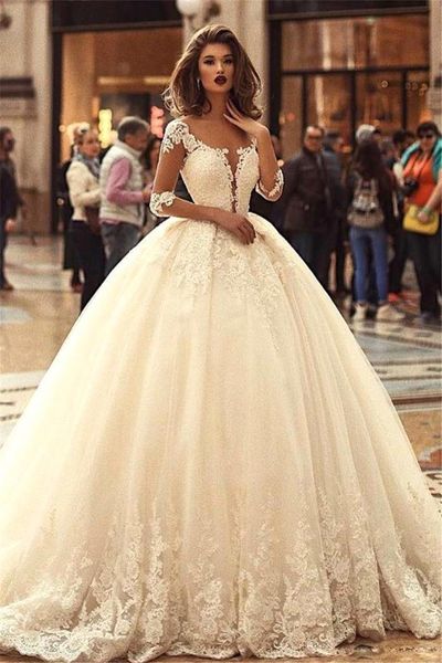 

romantic lace ball gown wedding dresses 2019 sheer long sleeves lace appliques a line tulle wedding bridal gowns, White