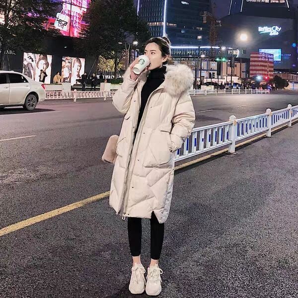 

tay's white duck down suit women 2019 new winter korean version of knee heavy collar medium and long thickened coat, Black