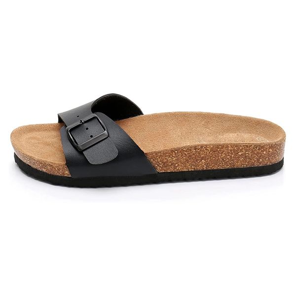 

womens slide platform cork footbed sandals with adjustable strap buckle open toe slippers suede sole for women, Black
