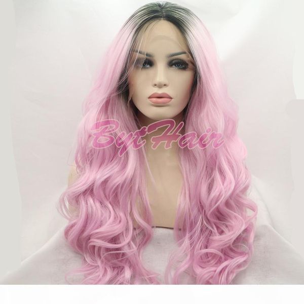 

bythair ombre pink wig with dark roots synthetic lace front wigs heat resistant fiber body wave hair for women, Black