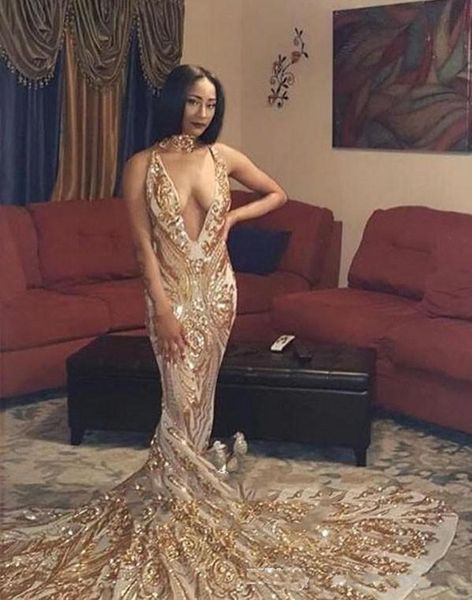 

gold mermaid long prom dresses 2020 new sleeveless sweep strain sequined deep v-neck formal evening dress party gowns custom made, Black;red