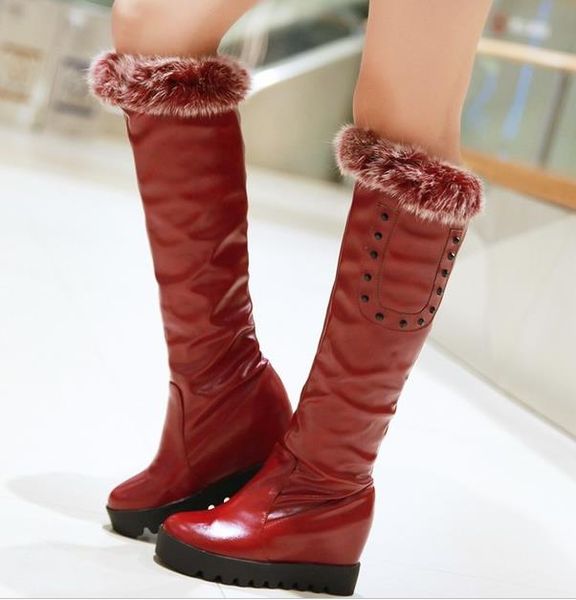 taglia da 33 a 43 con scatola bungundy stivali di pelliccia scarpe con zeppa piattaforma sexy stivali alti al ginocchio vino rosso nero