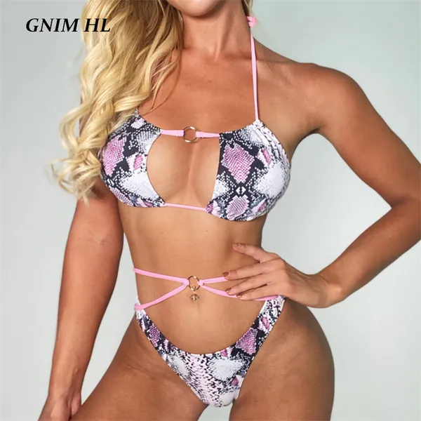

bikinis set gnim bandage bikini swimwear women 2021 snake print swimsuit female two pieces backless swim bathing suit biquini