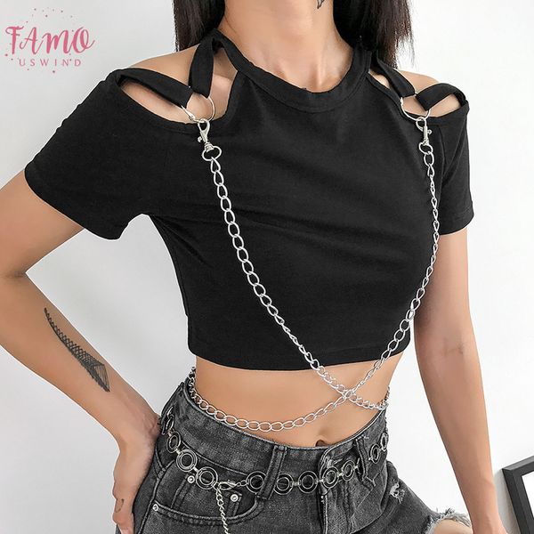 

punk black t shirt women hollow out summer cotton crop women o neck gothic tshirts female korean tee shirt harajuku, White