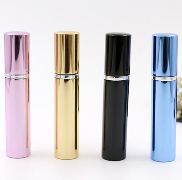 500pcs 7ml garrafas tubo de alumínio frasco de perfume brilhantes atomizador para pulverizador garrafa Curso de vidro reutilizáveis ​​4 cores preto ouro azul rosa