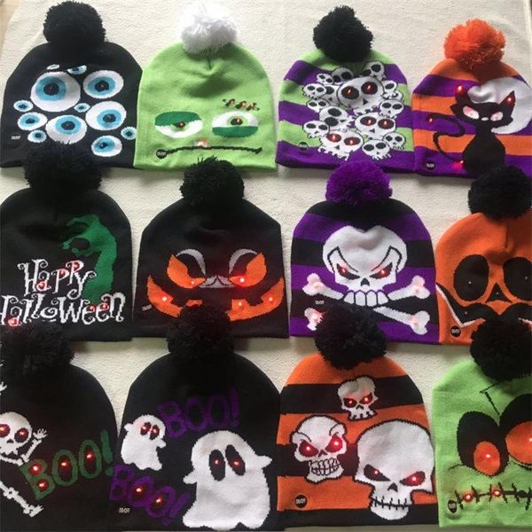 

16 styles halloween led knitted hat fashion halloween caps light-up beanies hats outdoor light pompon ball ski cap skull caps fa3069