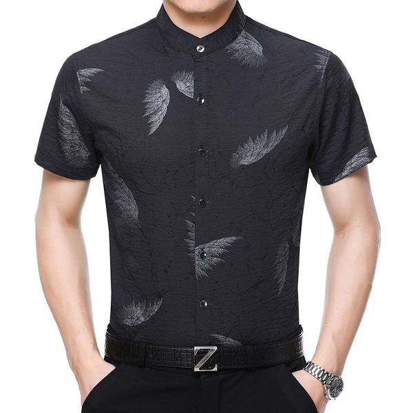 

рубашки feather printed мужские с коротким рукавом белого мужские рубашки классический стенд воротник большие размеры мандарин воротник одеж, White;black
