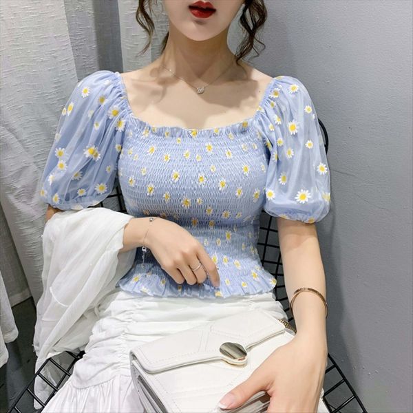 

daisy chiffon collarbone short-sleeved t-shirt female slim waist ins fashion daisy chiffon collarbone short-sleeved t-shirt female slim, White