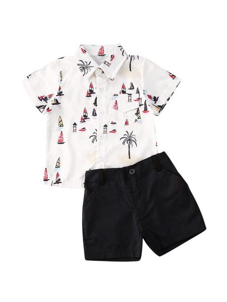 

1-6years infant kids toddler 2pcs summer clothes set boys short sleeve cartoon pocket decor t-shirt + black leisure short pant, White